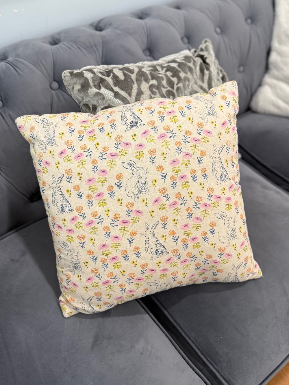 Floral Bunny Throw Pillow in Pastel Pink and Yellow